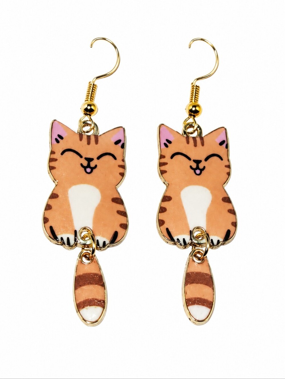 NWT 2.25" Cute Tabby Cat Dangle Fish Hook Earrings with Swing Tail